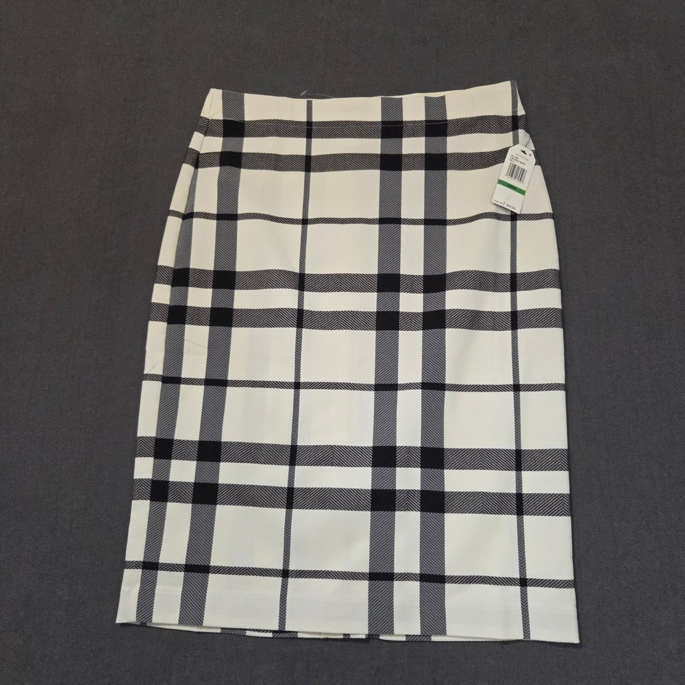 Nautica Pencil Skirt Women Large White Navy Blue Plaid Stretch Knee Length NEW